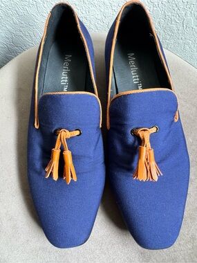 Merlutti Men’s Blue Canvas Loafers with Tan Leather Tassels – Size 8